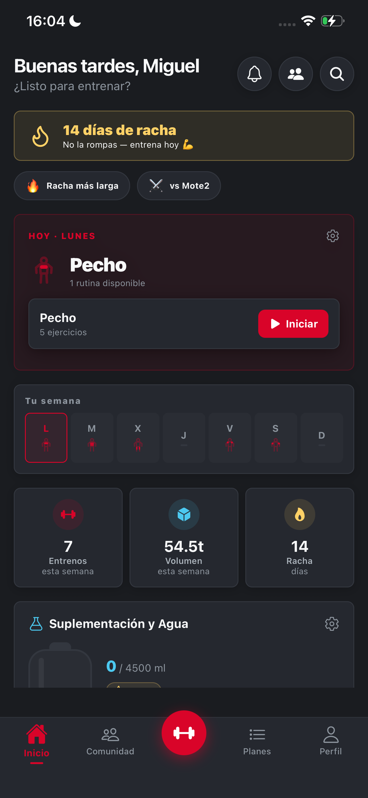 Pantalla de inicio de GritLift: saludo, racha y resumen semanal