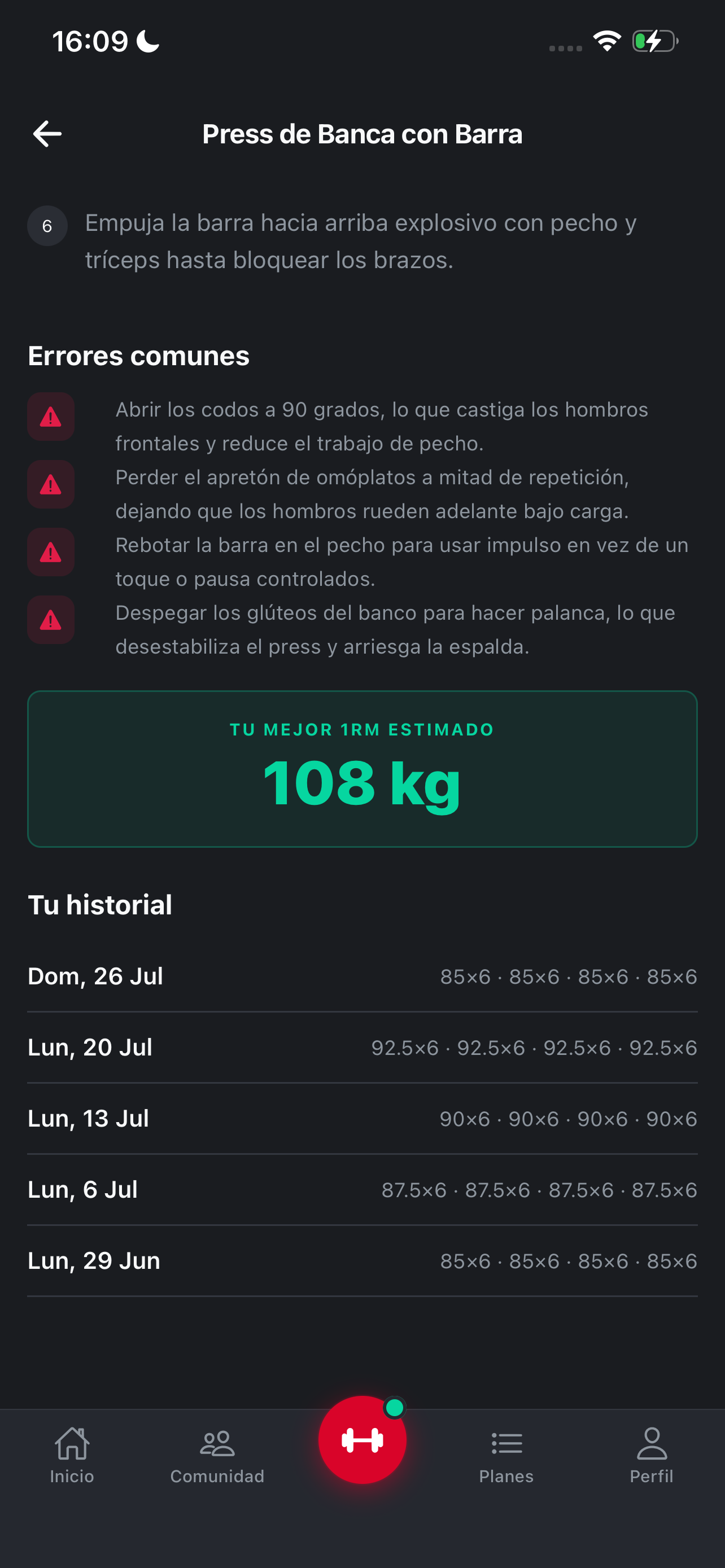 Captura del Análisis de Progreso de GritLift